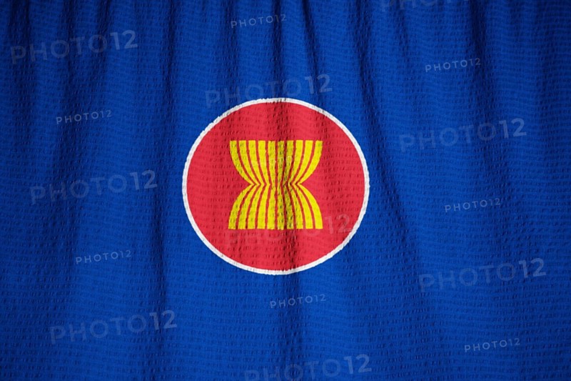 Closeup of Ruffled Association of Southeast Asian Nations Flag, ASEAN Flag Blowing in Wind