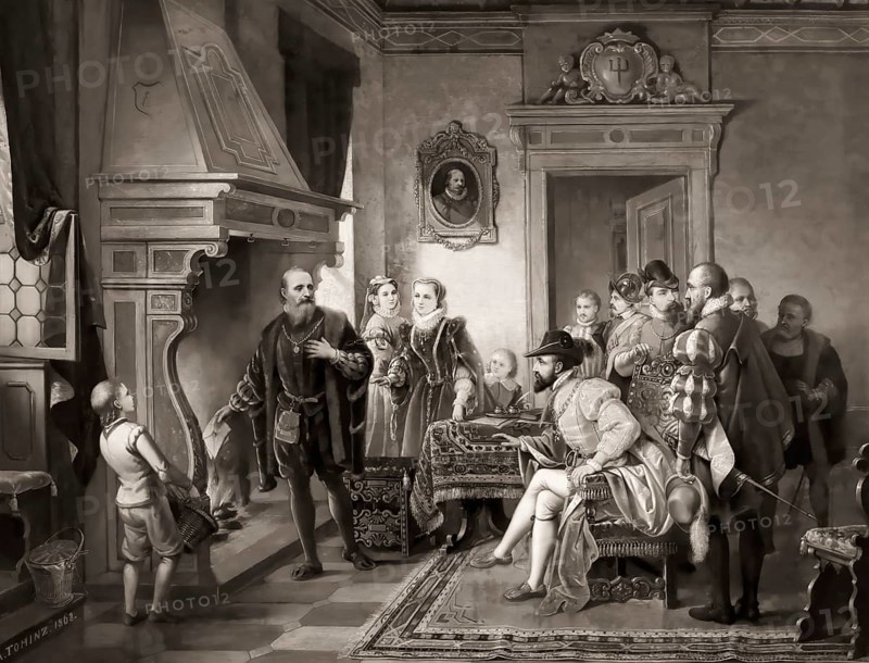 Jakob Fugger burning the debenture bonds of Emperor Charles V at the Fuggers' House, Augsburg, 1535, digitally edited according to a painting by Augusto Tominz