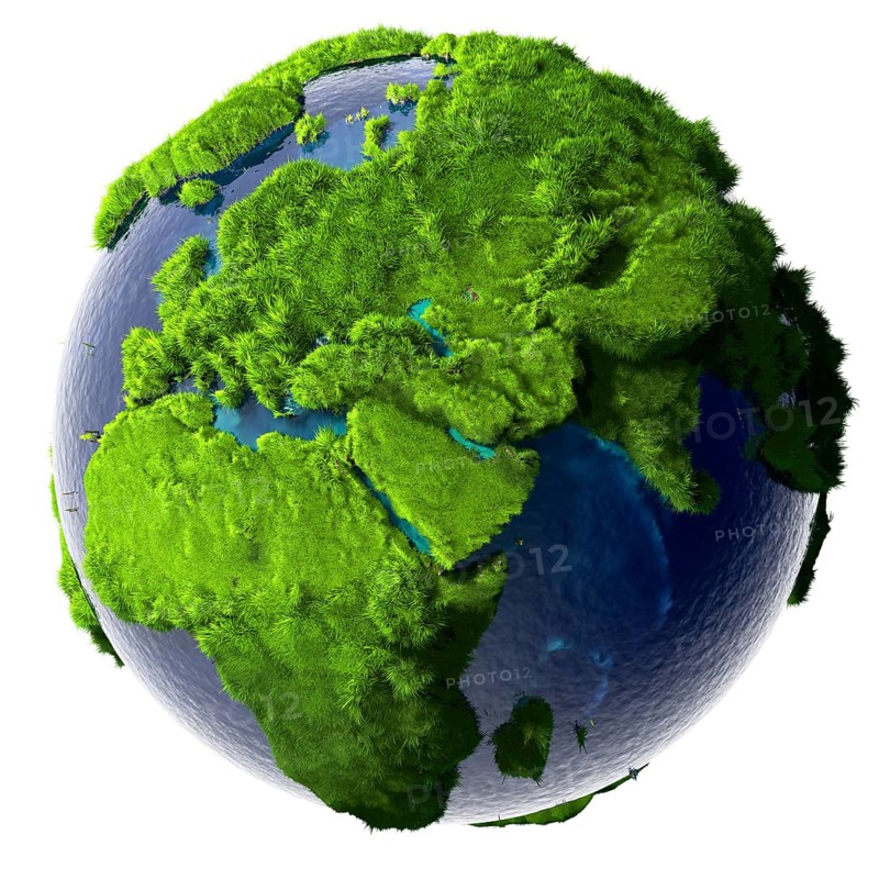 Earth with a pure transparent ocean is completely covered with lush green grass, a symbol of a clean environment, rich in natural resources and good environmental conditions