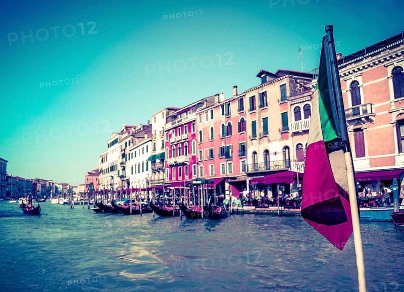 Vintage Postcard Style Photo Of The Grand Canal In Venice With Italian Flag