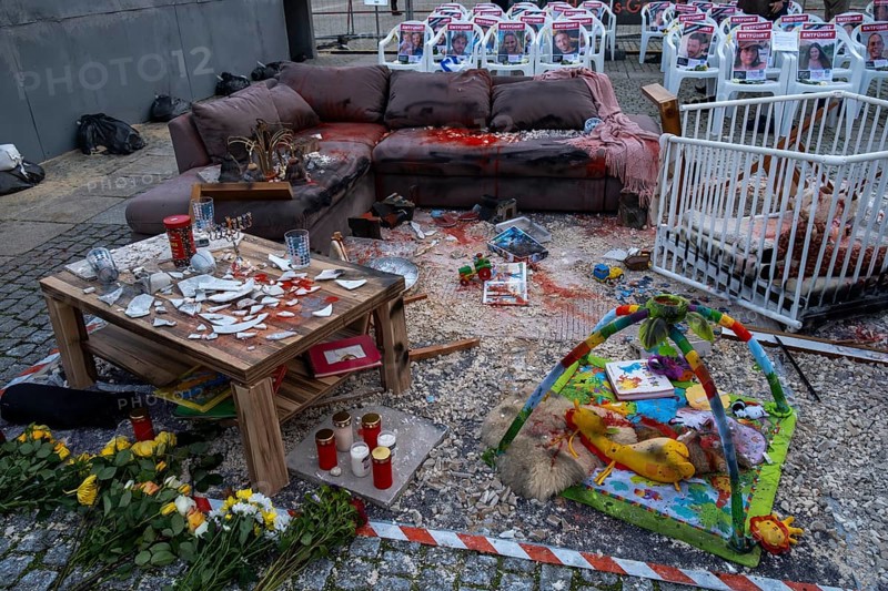 Germany, Berlin, 07.10.2024, Bebelplatz, Commemoration of Hamas terror on 7 October 2023, Bombed living room, Europe