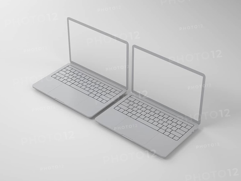 Two grey laptops side by side on a white background, presented in a minimalistic modern style