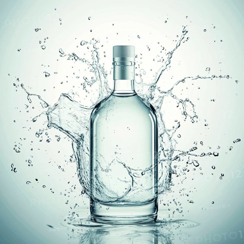 Simple glass bottle with clear water splashing in a calm, minimalist setting, AI generated