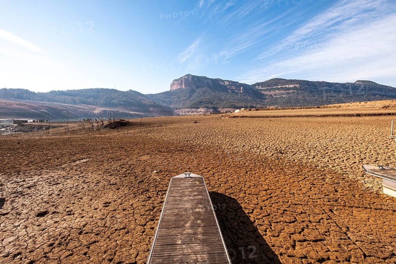 Dock on dry land at the Panta de Sau reservoir with water four percent of its capacity in the worst drought in the history of Catalonia in Spain