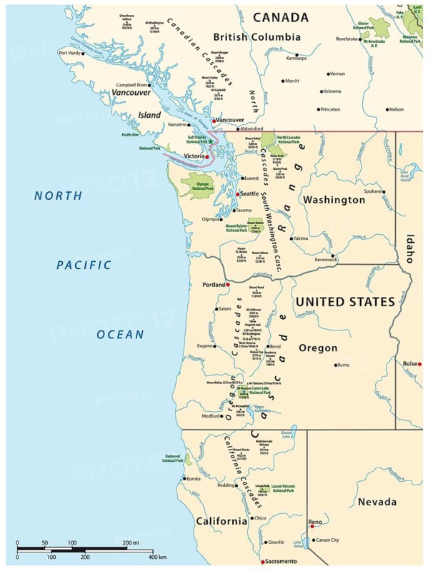 Map of the Cascade Range, volcanic mountain range that runs parallel to the west coast of North America
