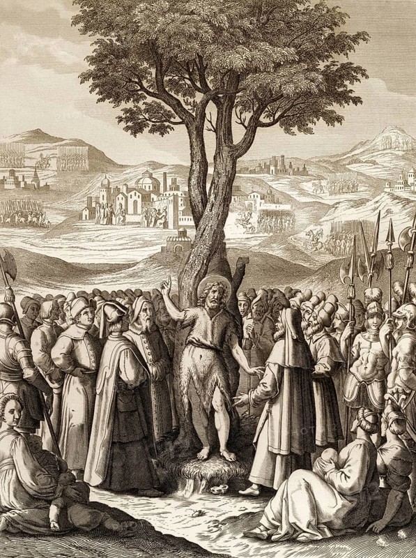 John the Baptist tells people about Jesus at the Jordan, Steel engraving 1853, digitally restored