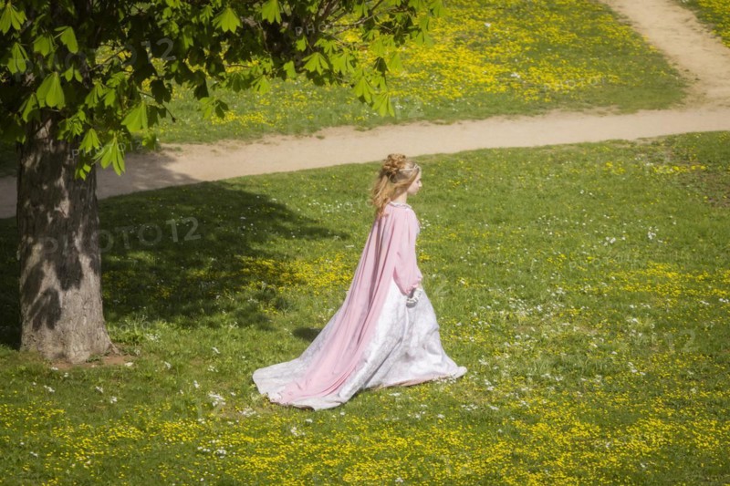 Cinderella can also be seen around Moritzburg Castle in spring. Model Tamara Kretschmer once again slipped into the coveted role of the legendary Cinderella with the ball gown, Moritzburg, Saxony, Germany, Europe