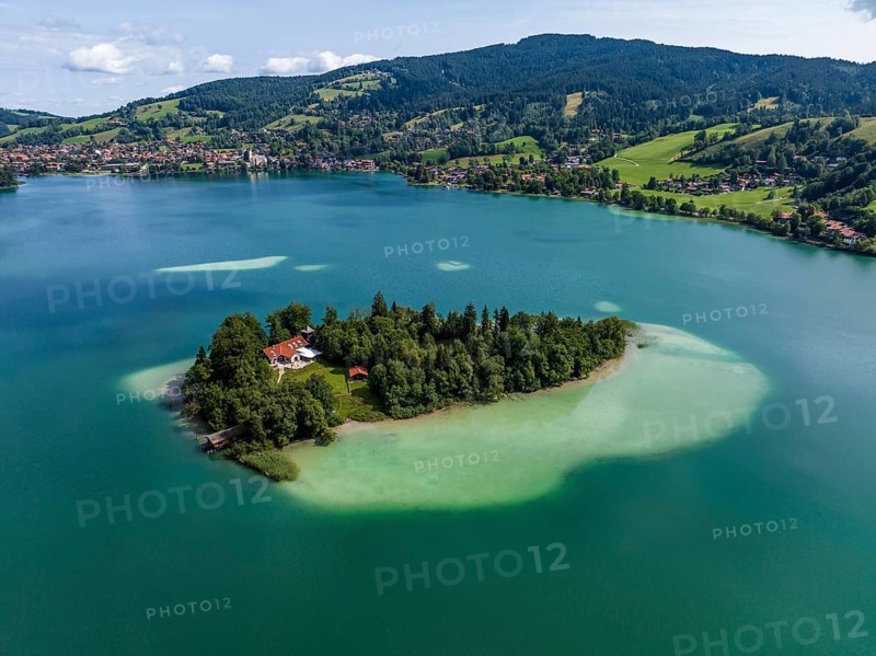 Aerial view, the island of Wörth im Schliersee, Schliersee, Upper Bavaria, Bavaria, Germany, Europe