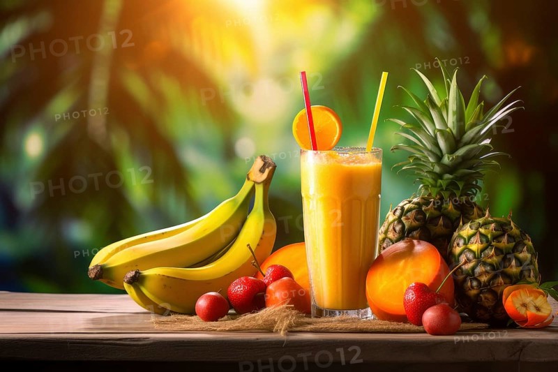 Fresh fruit shake in a glass, exotic fruit, smoothie, milkshake, pineapple, banana, orange, cherry, straw, wellness drink, sunrise, AI generated