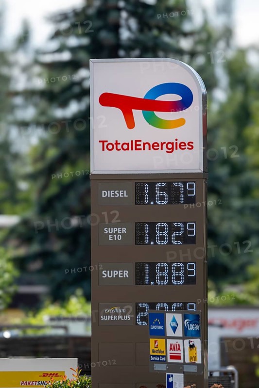 Digital display panel with prices for petrol and diesel at a TotalEnergies petrol station, Chemnitz, Saxony, Germany, Europe