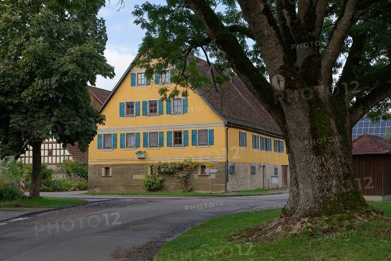 Farmhouses and half-timbered farm houses in the historic town centre of Weckelweiler, Kirchberg an der Jagst, Hohenlohe, Schwäbisch Hall, river, Heilbronn-Franken, Baden-Württemberg, Germany, Europe