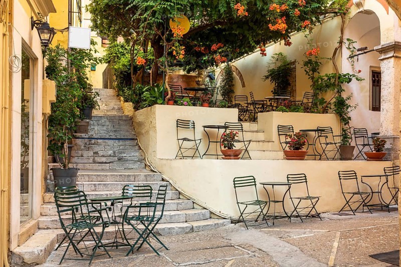 Cafe in an alleyway in the old town of Kerkyra, Corfu