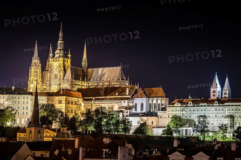 Scenic view of Cathedral of Prague and Mala Strana at night
