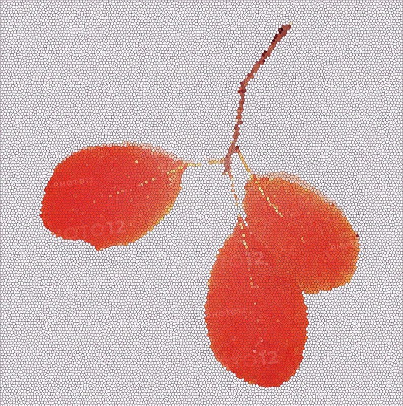An artistic pixelated mosaic featuring three red leaves attached to a thin branch against a light background