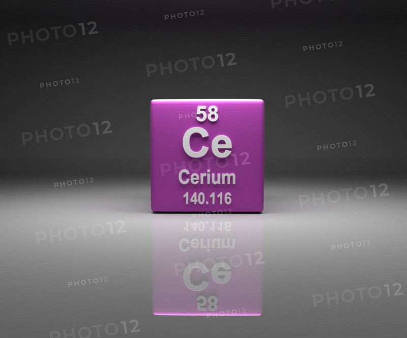 Cube with Cerium number 58 periodic table, 3d rendering