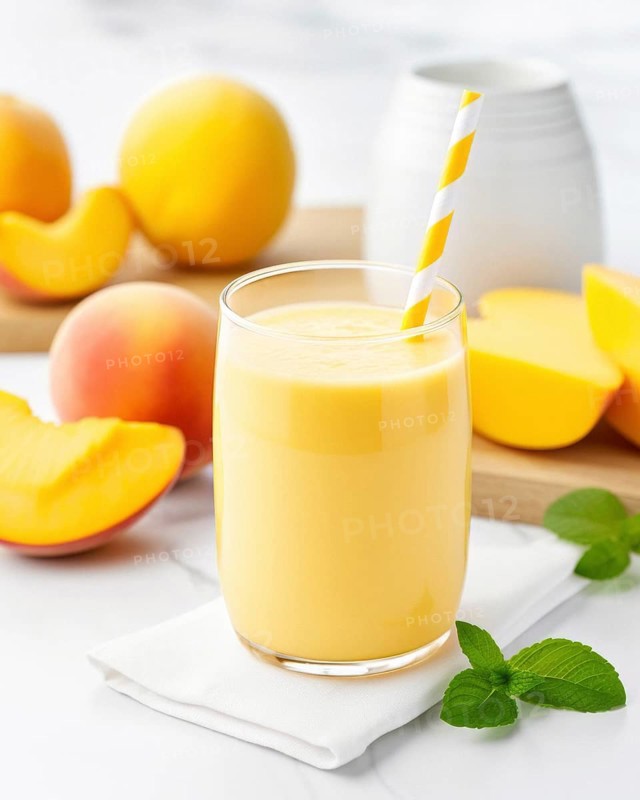 Fresh fruit shake in a glass, exotic fruit, smoothie, milkshake, mango, mint, straw, wellness drink, AI generated