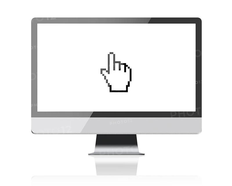 New monitor computer retina display with blank screen and hand cursor. Isolated on a white background