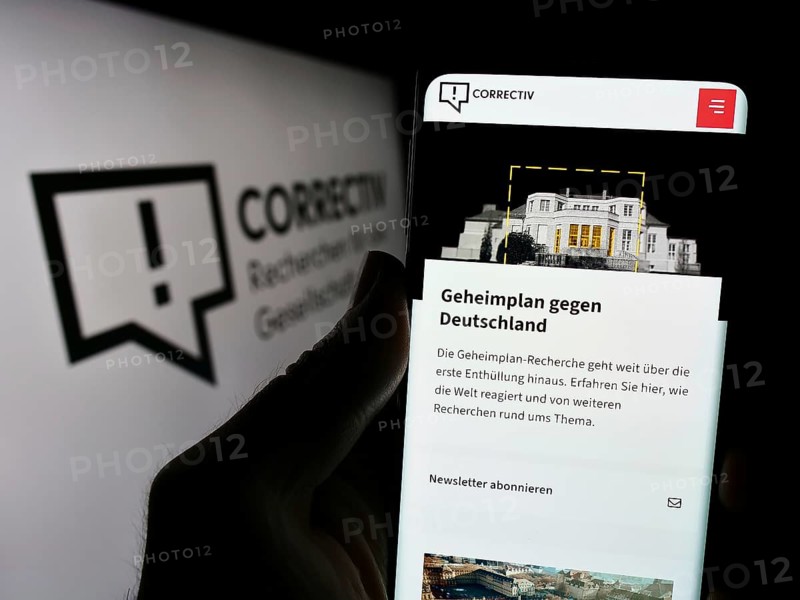 Stuttgart, Germany, 03-05-2024: Person holding smartphone with webpage of Correctiv, Recherchen für die Gesellschaft gGmbH in front of logo. Focus on centre of phone display, Europe