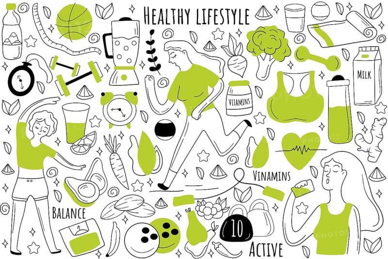 Healthy lifestyle doodle set. Collection of hand drawn sketches patterns templates of people jogging together eating food doing fitness and sport. Healthcare nutrition and meditation illustration