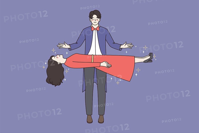 Magician work in circus make woman assistant float in air. Witcher perform magic focus or trick with lady levitating. Illusionist, magical performance. Cartoon character, vector illustration