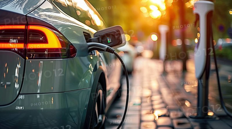 Rear view of an electric car with charging socket and connected charging cable, electric charging stations in the background, concept of green energy from sustainable sources. AI generated, AI generated, AI generated
