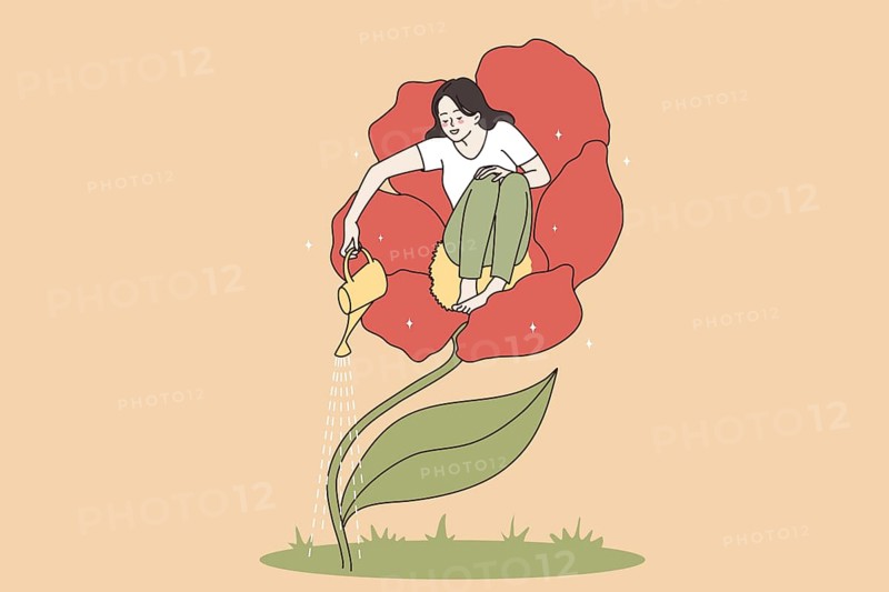 Loving and taking care of yourself concept. Young happy woman sitting in flower and watering it taking care of herself vector illustration Abstract vector wall art background. Minimalistic abstract wall art background for print. Scandinavian vector style