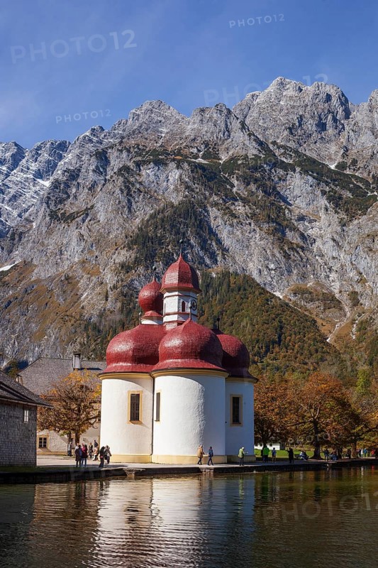Pilgrimage church St. Bartholomä with Watzmann east face at Königssee in autumn, Schönau, Berchtesgaden National Park, Berchtesgadener Land, Upper Bavaria, Bavaria, Germany, Europe