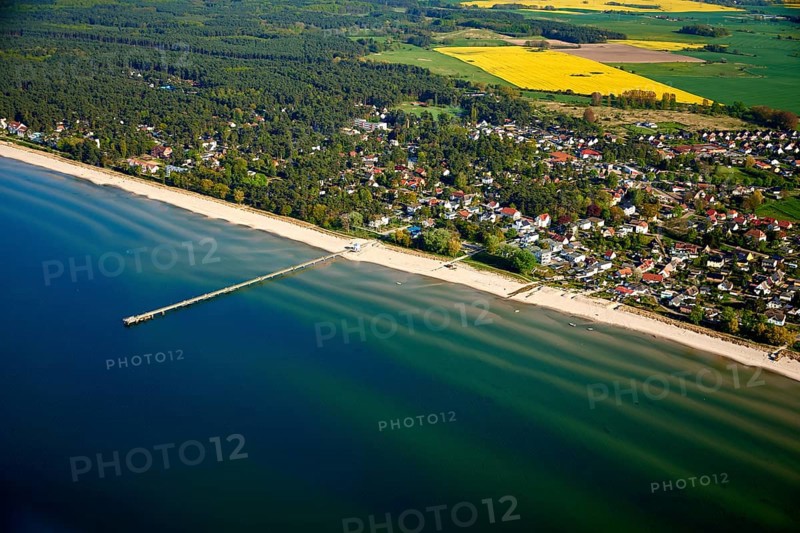 Aerial view of the Lubmin seaside resort with a pier in the Greifswalder Bodden
