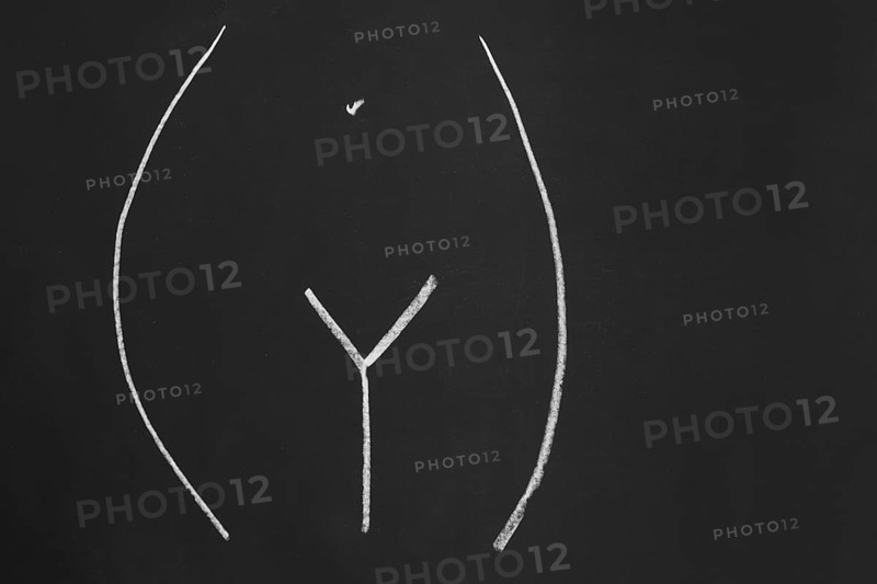 womb or female pubic area or region without pubic hair - simple minimalist line drawing with chalk on blackboard
