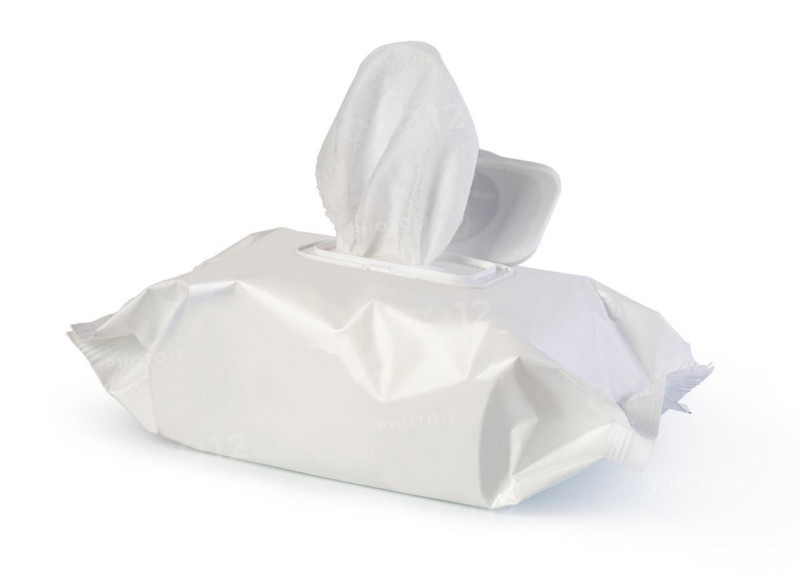 Open wet wipes flow pack, isolated on white background