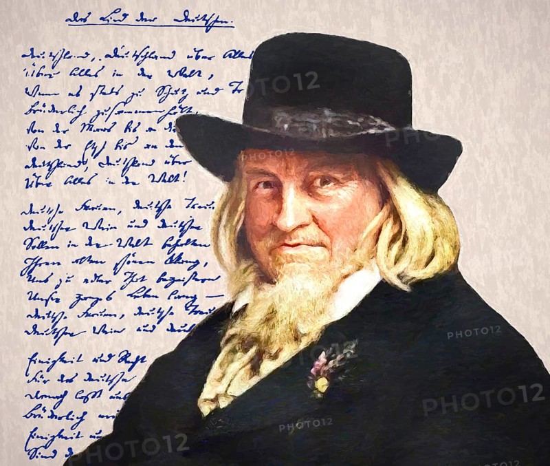 August Heinrich Hoffmann, Hoffmann von Fallersleben, 1798 –1874, German poet, digital edited according to a painting by Ernst Henseler, his own manuscript oft he German national anthem