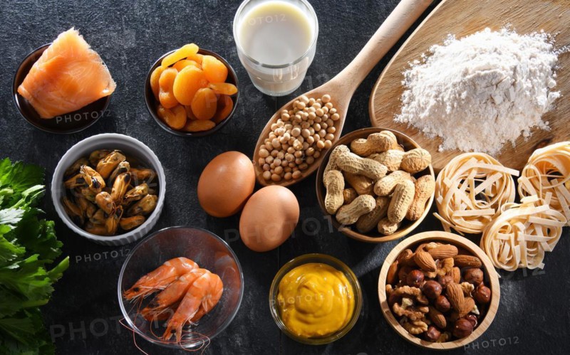 Composition with common food allergens including egg, milk, soya, nuts, fish, seafood, wheat flour, mustard, dried apricots and celery