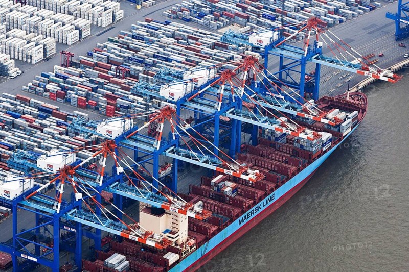 Container terminal, container ship being loaded, being unloaded, port, Bremerhaven, Germany, Europe