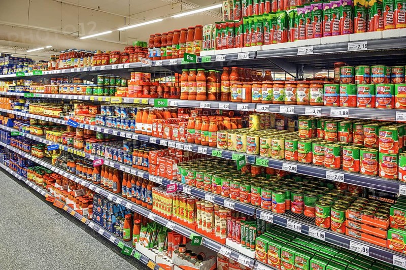Shelf with tomato sauce and tomato paste in a wholesale store, Kempten, Allgäu, Bavaria, Germany, Europe
