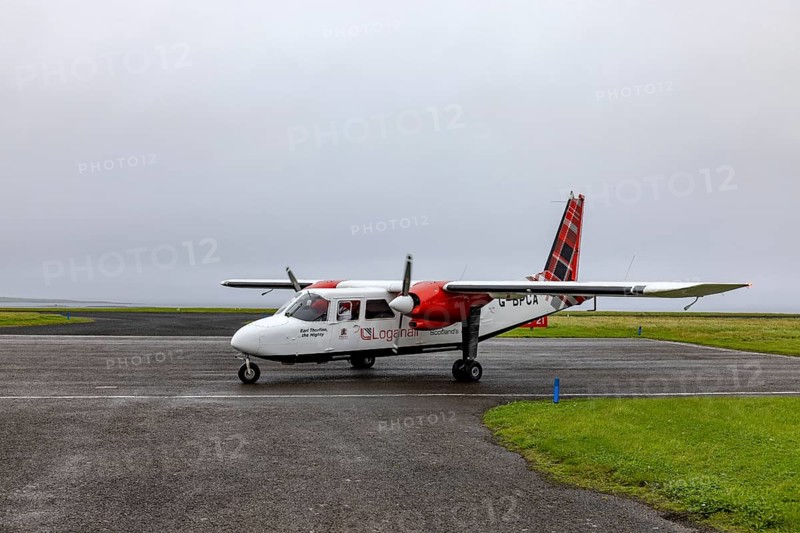 Small aircraft, Britten-Norman Islander, christened Earl Thorfinn - The Mighty, registration GBPCA, Papa Westray, Orkney, Scotland, Great Britain