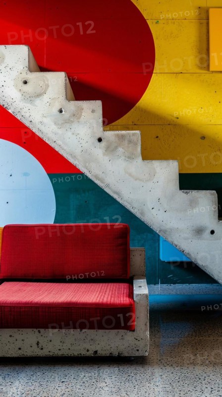 Red circular staircase with a contrasting couch in a modern architectural environment, architecture, Brutalism, AI generated