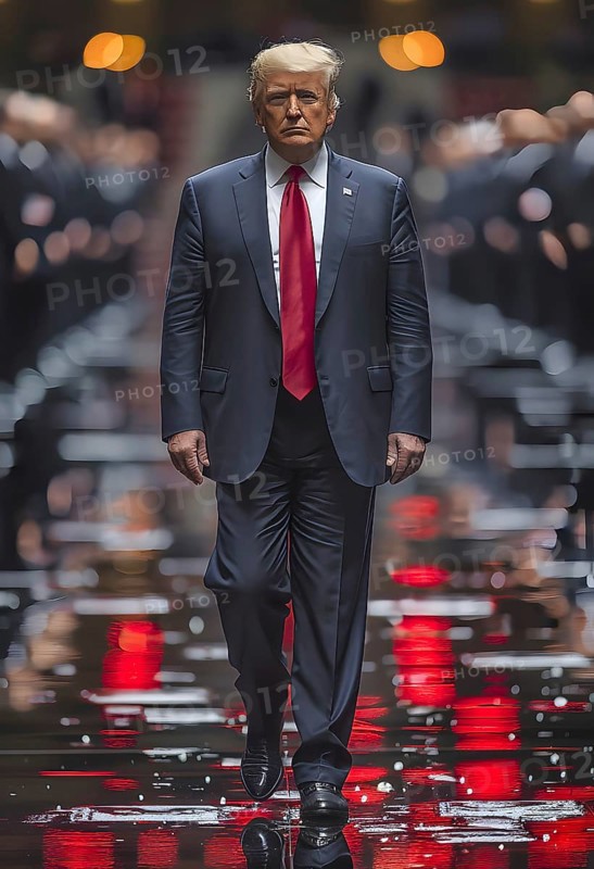 Donald Trump strides between a trellis of people on a ground mirrored after a rain shower, a small flag of the United States of America USA stuck on the lapel of his suit, AI generated, AI generated