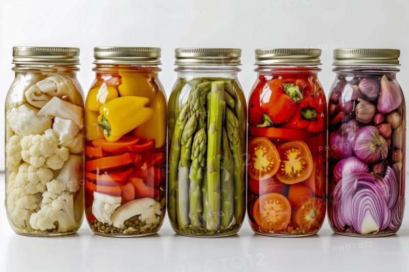 Different types of pickled vegetables in preserving jars on a neutral background, AI generated, AI generated