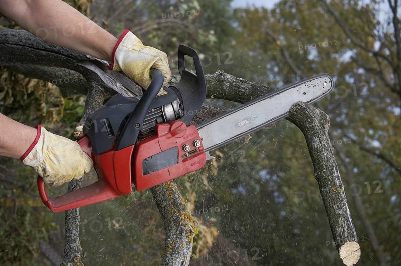 In an outdoor environment the person uses a chainsaw to cut through logs