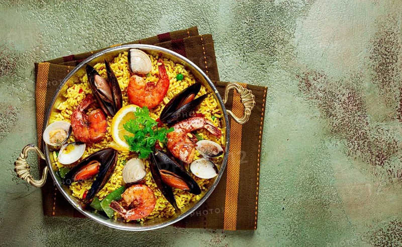 Food, Paella, traditional Spanish dish, seafood paella, top view, homemade, no people