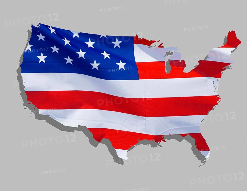 Outline, map of the USA designed with the national flag, stars and stripes