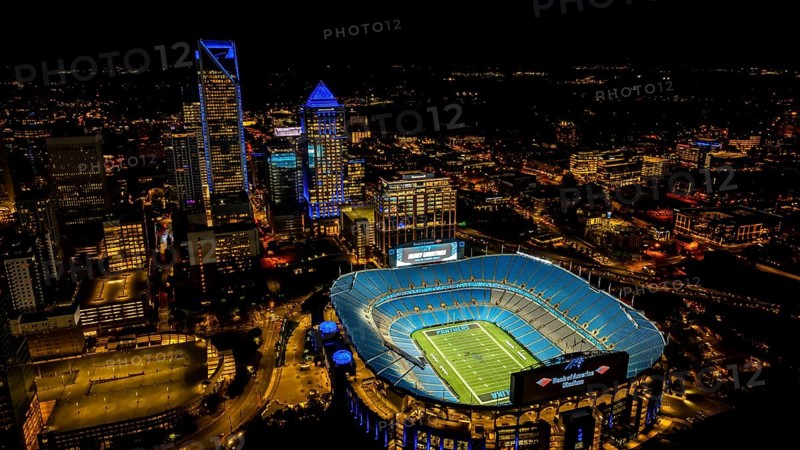 Night aerial view of the Bank of America Stadium, home of the National Football League Carolina Panthers and MLS Charlotte FC football club