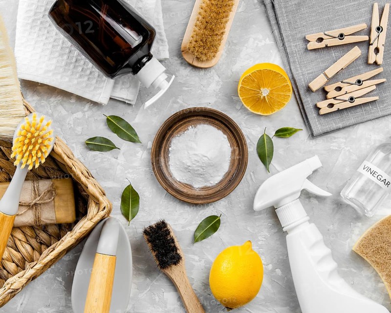 Top view eco friendly cleaning products with baking soda