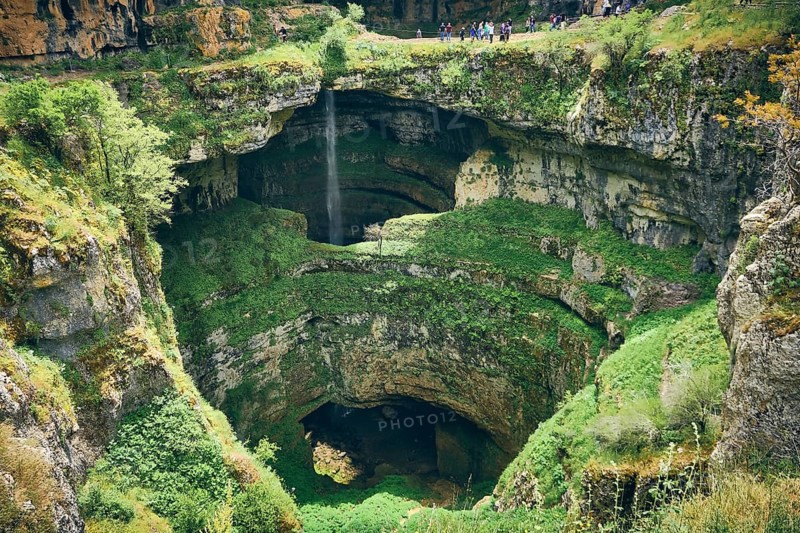 Baatara gorge waterfall in Lebanon. Gorge sinkhole and natural bridges in Tannourine, Lebanon, Asia