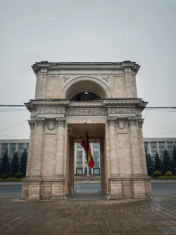 Close up view to the Triumphal Arch in front of the government building, Chisinau, Moldova. Historical landmarks of the capital city
