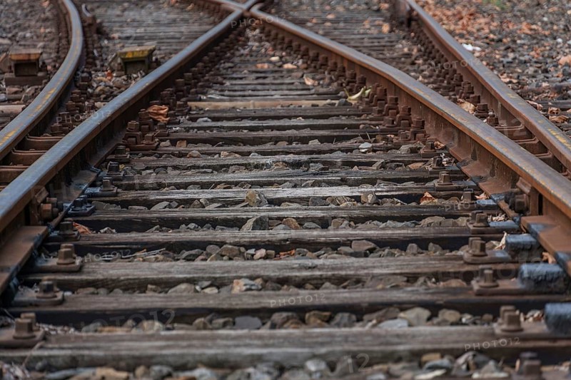 Close-up of railway tracks on a stony ballast bed, Bochum, Ruhr area, Germany, Europe