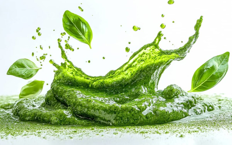 Dramatic splash of green pesto with scattered basil leaves, AI generated