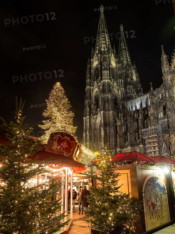 Christmas market at night in front of an impressive, illuminated cathedral with decorated Christmas trees, Cologne, North Rhine-Westphalia, Germany, Europe