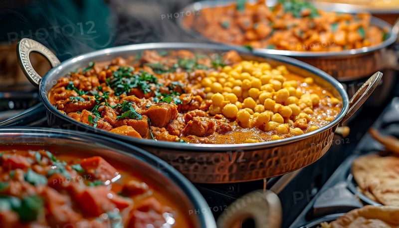 Multiple bowls of Indian curries with steam rising evoke a spicy and diverse meal, AI generated
