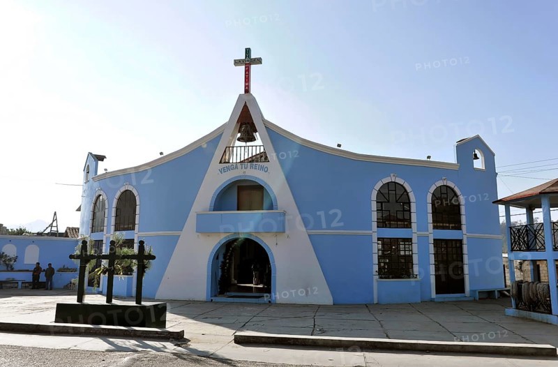Old town of San Cristobal de las Casas, Chiapas, Mexico, Blue painted church with cross and religious architecture, San Cristobal de las Casas Chiapas Mexico, Central America